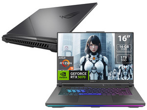 Laptop Gamer ASUS ROG Strix G16: 
Procesador AMD Ryzen 9 8940HX (hasta 5.3 GHz), 
Memoria de 16GB DDR5, 
SSD de 1TB, 
Pantalla de 16" LED WUXGA (1920 x 1200), 165Hz, 
Video NVIDIA GeForce RTX 5070, 
S.O. Windows 11 Home. 
Teclado versión en Inglés
