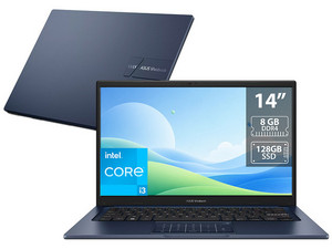 Laptop Asus VivoBook 14: 
Procesador Intel Core i3 1315U (hasta 4.5 GHz), 
Memoria de 8GB DDR4, 
SSD de 128GB, 
Pantalla de 14" LED Full HD (1920 x 1080), 
Video UHD Graphics, 
S.O. Windows 11 Home. 
Teclado Versión en Inglés.