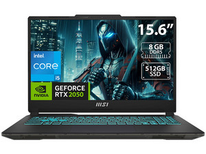 Laptop Gamer MSI Cyborg 15: 
Procesador Intel Core i5 12450H (hasta 4.4 GHz), 
Memoria de 8GB DDR5, 
SSD de 512GB, 
Pantalla de 15.6" LED, 
Video NVIDIA GeForce RTX 2050, 
S.O. Windows 11 Home.