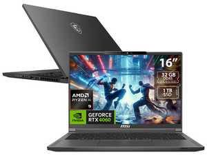 Laptop Gamer MSI Creator A16 AI+: 
Procesador AMD Ryzen AI 9 365 (hasta 5.0 GHz), 
Memoria de 32GB DDR5, 
SSD de 1TB, 
Pantalla de 16" LED 2560 x 1600, 240 Hz,
Video NVIDIA GeForce RTX 4060, 
S.O. Windows 11 Home, 
Teclado en Inglés.