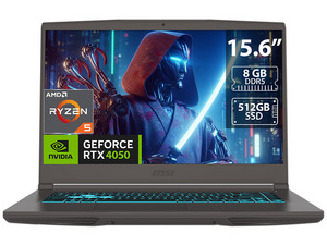 Laptop Gamer MSI Thin A15: 
Procesador AMD Ryzen 5 7535HS (hasta 4.55 GHz), 
Memoria de 8GB DDR5, 
SSD de 512GB, 
Pantalla de 15.6" LED, 
Video NVIDIA GeForce RTX 4050, 
S.O. Windows 11 Home, 
Teclado Versión en Inglés.
