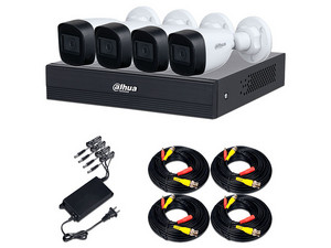 Kit de Videovigilancia Dahua PAQ-DH-XVR1B04-I-T-DH-HAC-HFW1200CN-A, DVR de 4 Canales Analógicos, Smart H.265+, 4 Cámaras Tipo Bala de 2MP (1080p), IP67, Fuente de poder incluida, Cables de Conexión. Color Negro.
