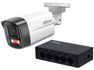 Kit Dahua PFS3005-5GT DH-IPC-HFW1439TL1-A-IL, Switch PFS3005-5GT de 5 Puertos 10/100/1000 Mbps, No Administrable, Cámara IP Tipo Bala DH-IPC-HFW1439TL1-A-IL de 4MP (2560 x 1440), Lente de 2.8mm, IR de Hasta 30m.