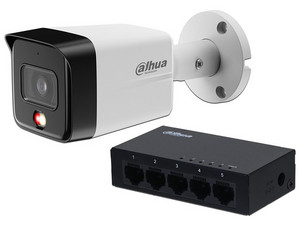 Kit Dahua PFS3005-5GT/IPC-HFW1839TC-A-IL, Switch PFS3005-5GT de 4 Puertos PoE 10/100 Mbps, 2 Puertos Uplink 10/100 Mbps, 65W, Administrable, Cámara IP Tipo Bala DH-IPC-HFW1839TC-A-IL de 8MP (3840 x 2160), Lente de 2.8mm, IR de Hasta 30m.