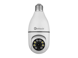 Cámara WiFi Getttech Tipo Bombilla, 2 MP, Color Blanca. Resolución Full HD 1920 x 1080 píxeles, Visión Nocturna, Ángulo de Rotación 355, Compatible con Android e iOS. Con Micrófono y Altavoces Incorporados.