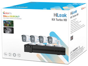 Kit De Vigilancia Hilook Turbo HD 1080p, DVR 4 Canales, 4 Cámaras Bala ColorVu con Micrófono Integrado, incluye Fuente de Poder y Accesorios de Instalación.