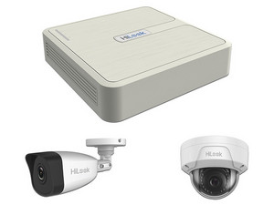 NVR HiLook NVR-104H-D/4P(C) de 2 MP, 4 canales Ethernet, Salida de video HDMI (4K), VGA, no incluye disco duro, Color Blanco. Incluye 2 Cámaras IP tipo bala y 2 Cámaras IP tipo domo.