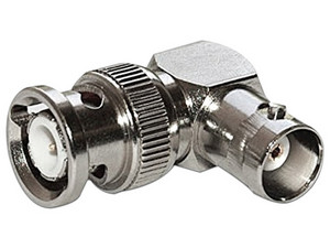 Adaptador en Ángulo Recto RF Industries RFB-1132 de Conector BNC Macho a BNC Hembra, 50 Ohms, Color Plateado.