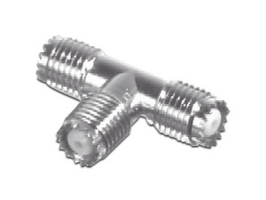 Adaptador en T, de Conector Mini-UHF Hembra a Doble Mini-UHF Hembra, Níquel, Plata, Teflón.