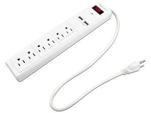 Supresor de Picos Sanelec de 6 Contactos, 2 x USB. Color Blanco.