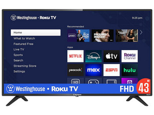 Televisión Westinghouse WR43FX2212 LED Smart TV de 43", Resolución 1920 x 1080 (Full HD 1080p), 60 Hz, Bluetooth, Sistema RokuTV. Color Negro.