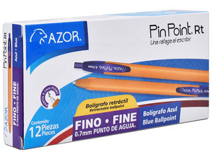 Bolígrafo Azor Pin Point RT Retráctil, Punto Fino 0.7 mm, Tinta Azul, Caja con 12 Piezas.