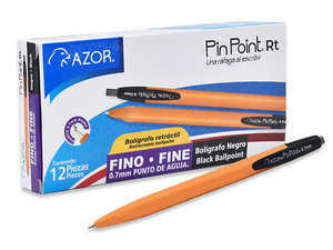 Bolígrafo Azor Pin Point RT Retráctil, Punto Fino 0.7 mm, Tinta Negra, Caja con 12 Piezas.