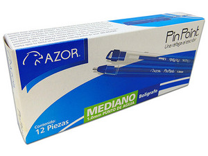 Bolígrafo Azor Pin Point de punta mediano de 1.0mm, tinta permanente, Color Azul. Paquete con 12 piezas