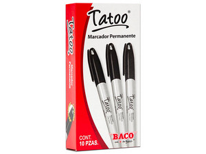 Marcador BACO Tatoo, Permanente, Punto Fino, 10 piezas, Color Negro.