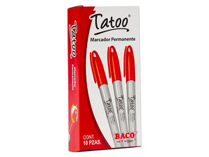 Marcador permanente BACO Tatoo, Punto fino, Color Rojo, Paquete con 10 piezas.