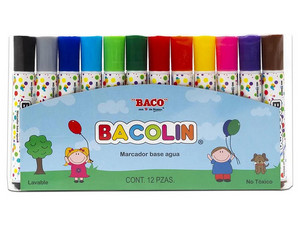 Marcador Baco Bacolin, Base de Agua, Lavable, Multiples Colores, Paquete de 12 Piezas.
