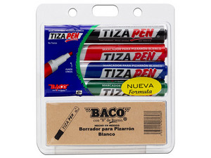 Marcador Baco Tizapen para Pizarrón Blanco, Color Negro, Rojo, Azul y Verde, Incluye Borrador, (4 Piezas)