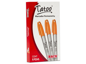 Marcador Permanente Tatoo, punta fina, color naranja, Paquete con 6 piezas.