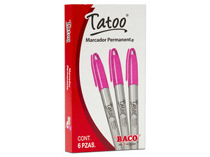 Marcador Permanente Baco Tatoo de punta fina, color fucsia. Paquete con 6 piezas