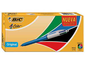Bolígrafo BIC 4 Colores tiene un punto mediano de 1.0 mm y viene en una caja con 6 piezas, ideal para escribir en diferentes colores de forma práctica y versátil.