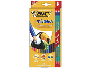 Colores BIC Evolution, Mina de 3 mm, Estuche con 12 Piezas. Colores Multicolor, Fabricados en Resina, Libres de Madera y PVC.