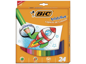 Estuche de Colores BIC Evolution Largos tiene minas gruesas de 4 mm y contiene 24 piezas, ideales para dibujo y actividades artísticas.