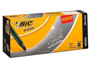 Bolígrafo BIC ultra fino de 0.7mm, Color Negro. Paquete con 12 piezas.