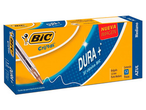 Bolígrafo BIC Cristal de punta mediana de 1.0mm, tinta permanente, Color Azul. Paquete con 12 piezas