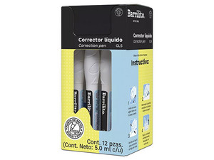 Corrector Líquido Barrilito de 5ml, caja con 12 piezas.