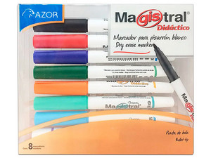 Paquete de Marcadores Azor Magistral para Pizarrón Didáctico, Punto Fino, 8 piezas, Colores Surtidos.