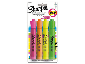 Resaltador Sharpie, Colores Surtidos, punta cincel, paquete con 4 Piezas.