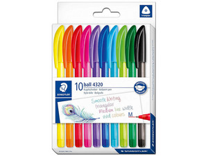 Bolígrafo Triangular Punto Medio Staedtler 4320MC10, Tinta Permanente, Secado Rápido, No retráctil, Caja con 10 Piezas, Colores surtidos.