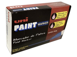 Marcador Permanente industrial UniPaint de punta fina, color naranja. Paquete con 12 piezas