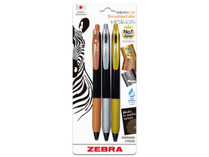 Bolígrafo Zebra DecoShine es retráctil con tinta gel de 0.5 mm, en colores surtidos metálicos. Viene en una caja con 3 piezas, ideal para escritura suave y decorativa.