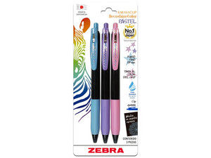 Bolígrafo Zebra DecoShine es retráctil con tinta gel de 0.5 mm, en colores surtidos pastel. Viene en una caja con 3 piezas, ideal para detalles y escritura suave.