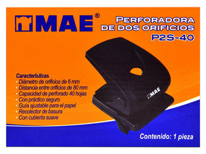 Perforadora MAE P2S-40, Realiza 2 orificios de 6 mm, Palanca suave, Perfora hasta 40 hojas, Color Negro.