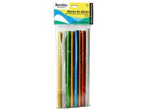 Barras De Silicón Barrilito, 7mm, Colores Surtidos Con Diamantina, Bolsa C/12 Pzas.