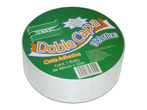 Cinta adhesiva Doble capa Devek, 48 mm x 50 mts, de polipropileno. Color Blanco.