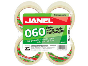 Cinta adhesiva de empaque Janel 72mmx150m, empaque de 4 Piezas. Color Transparente.