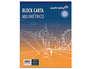 Block Estrella Carta Milimétrico 50 Hojas (Modelo 17) presenta hojas de papel bond de 60 g con rayado milimétrico, tamaño carta (21.6 x 27.9 cm), lomo engomado para fácil manejo y rayado naranja óptico.