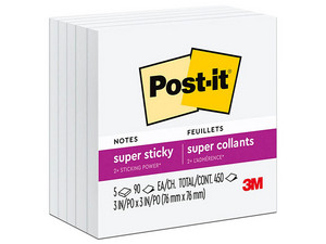 Cubo Blanco 3M Super Sticky, 7.6 x 7.6 cm, 5 Blocks de 90 Hojas cada uno. Fabricado en Papel Autoadhesivo.