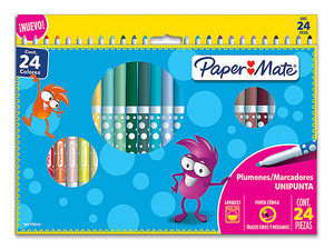 Plumones Paper Mate Unipunta, colores surtidos, caja con 24 piezas, tinta de secado rápido y resistencia al agua.