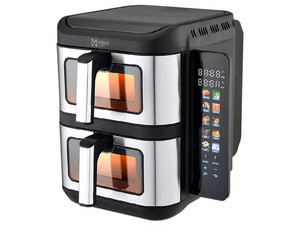 Freidora de Aire Doble Mirati MFD11 de 1800W, Capacidad de hasta 11L (5.5 Litros por Canasta), Temporizador, Color Negro. 