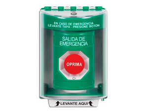 Botón de Salida de Emergencia STI SS2-181-EX-ES, Activación de Acción Mantenida, Con Bocina de Advertencia, Texto de Salida de Emergencia Grabado, Color Verde.