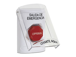Botón de Emergencia STI SS2-322-EX-ES, Tapa Protectora, Texto de Salida de Emergencia Grabado, Color Blanco.