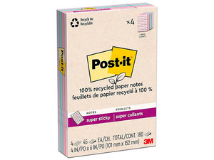 Block 3M Post-it 4621R-4SSNRP Raya Super Sticky, 4x6 Pulgadas (10.16x15.24 cm), 45 Hojas por Block, Paquete con 4 Blocks, Color Multicolor Pastel.