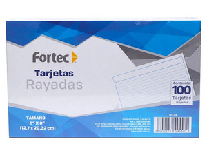 Tarjetas Rayadas Fortec RT-58, 12.7 cm x 20.32 cm, Paquete con 100 Piezas.