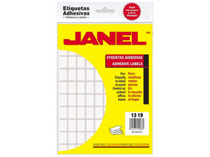Etiquetas Adhesivas JANEL 1001319100, 13x19mm, #22, Sobre con 1800 etiquetas, Color Blanco.