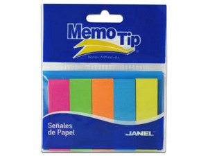 Banderitas Janel Memo Tip, señales de papel, tamaño 1.5 cm x 5 cm, en colores neón, presentadas en bolsas de 50 unidades, ideales para marcar y resaltar información importante.